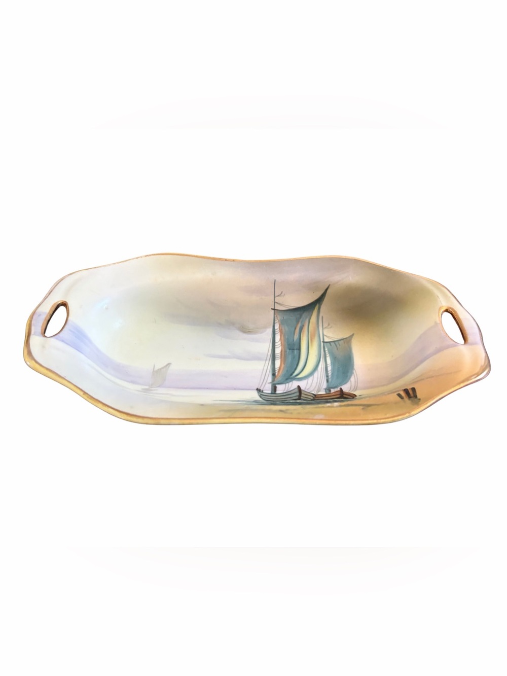 Antique Nippon Hand-Painted 8” Porcelain Dish Coastal Seascape Sailboats Motif